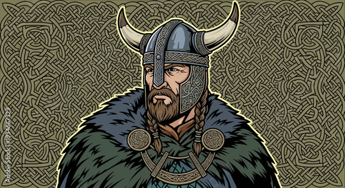 Illustration of a Viking warrior with horned helmet and fur cloak.