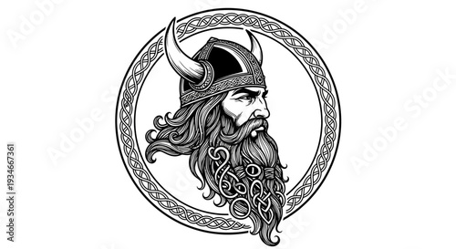 Viking warrior illustration with intricate beard and horned helmet.