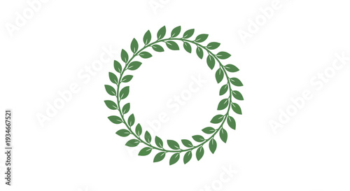 A circular green laurel wreath made of leaves on a white background in a flat lay composition with a natural and serene mood.