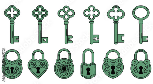 Collection of vintage green keys with ornate designs and intricate shapes, antique key set perfect for decoration, illustrations, posters, invitations, and creative design projects.