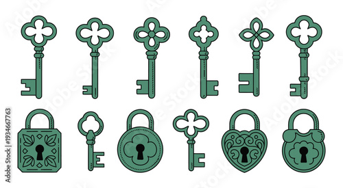 Collection of vintage green keys with ornate designs and intricate shapes, antique key set perfect for decoration, illustrations, posters, invitations, and creative design projects.