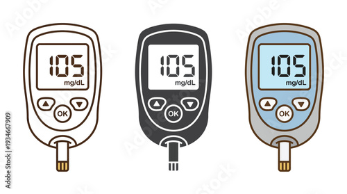 Glucose Meter Devices with Different Color Schemes Showing 105 mgdl Reading