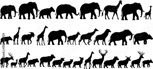 Silhouette of various african and european animals in three rows