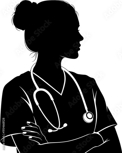 Silhouette of a female nurse or doctor with stethoscope