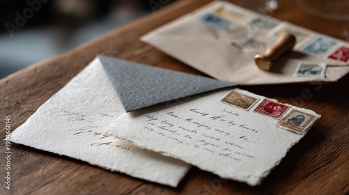 Vintage Correspondence: A close-up shot revealing a collection of aged letter and envelop, showcasing the beauty of the old-fashioned writing.