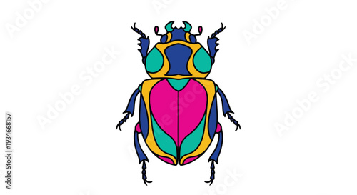 Vibrant colorful illustration of a stylized beetle with a mix of pink, blue, yellow, and green hues against a white background.