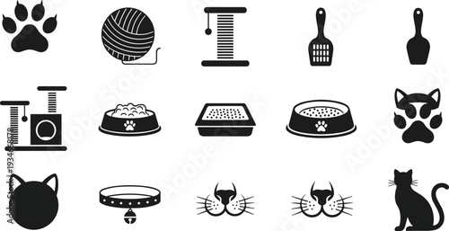 Cat accessories silhouette icons set, pet care supply vector collection, kitty grooming equipment, feline lifestyle elements, isolated black kitten animal symbols