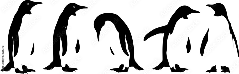 Naklejka premium Four penguins in silhouette standing together on white background