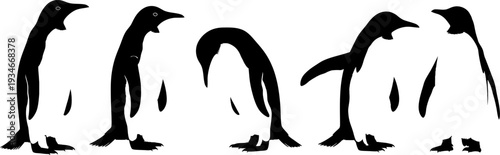Four penguins in silhouette standing together on white background