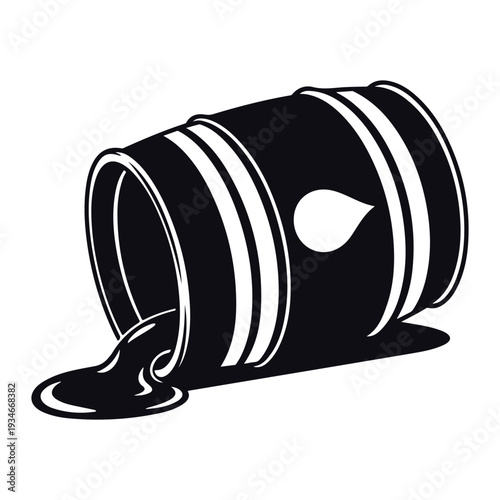 Black oil barrel tipped over spilling dark liquid substance