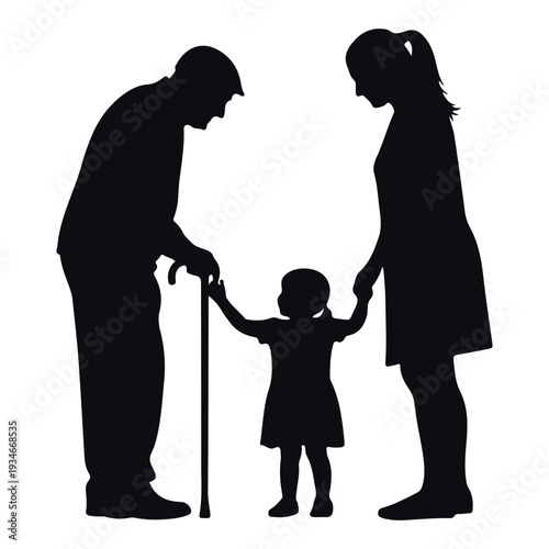 Family Silhouette of Grandparents and Child Holding Hands