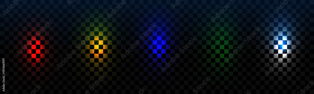 Fototapeta premium Colorful pixelated lights in red yellow blue green and white shining on a transparent background abstract pattern Vector