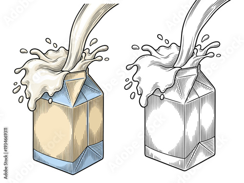 Dynamic side view of two milk cartons splashing white milk with motion in a bright studio setting, captured from a frontal perspective