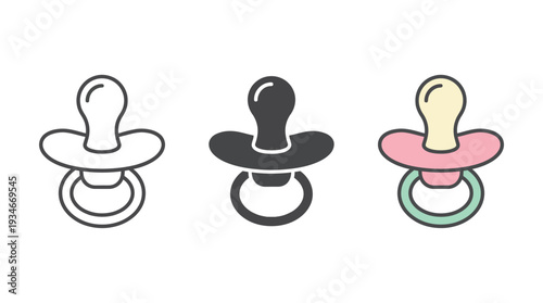 Baby Pacifier Icon Set in Various Colors and Styles Isolated on White