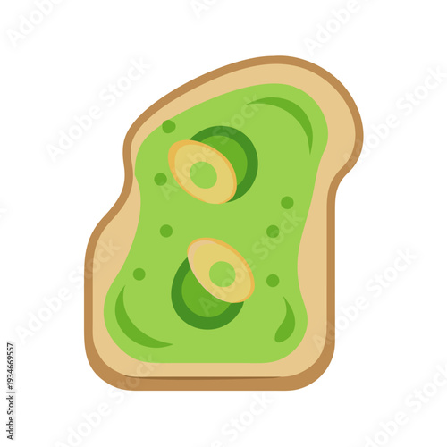 Stylized avocado toast on black background featuring green creamy spread and avocado slices