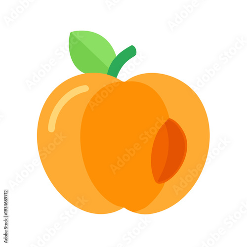 Simple flat vector illustration of a ripe peach fruit with a leaf