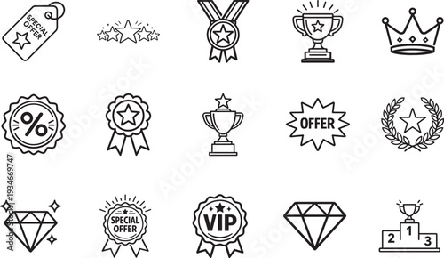 Exclusive benefit and premium award outline icon set. Champion cup star medal EPS pack.