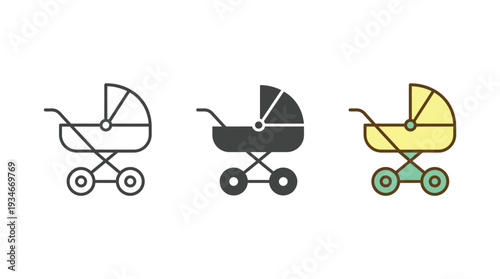Baby Stroller Icon Set in Various Colors and Styles Isolated on White