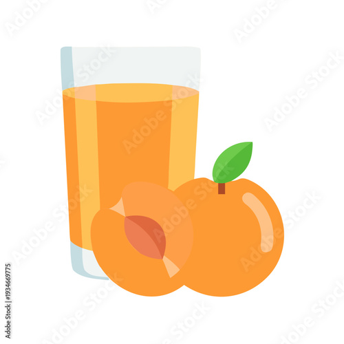 Refreshing peach juice in glass with sliced peaches on dark background