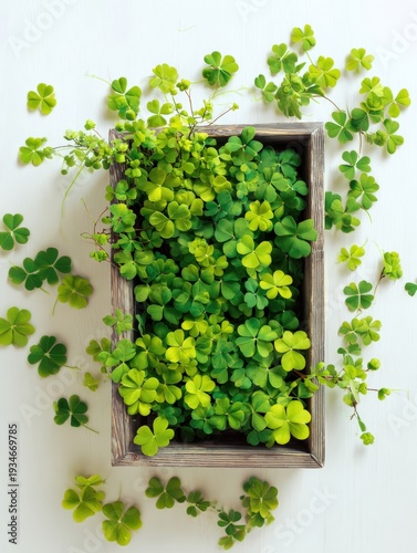 Fresh green clover leaves overflowing from a rustic wooden box on a white background, symbolizing luck, nature and spring growth.