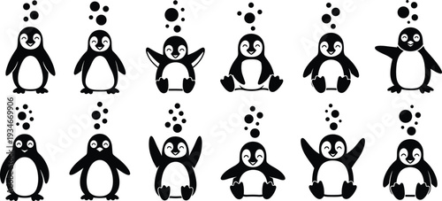 Cute penguin character silhouettes set, happy arctic animal icons with bubbles, funny flightless bird stickers collection, isolated black penguin vectors.