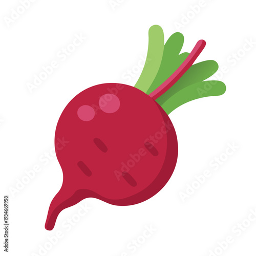 Flat illustration of a vibrant beet with green leaves on a dark background