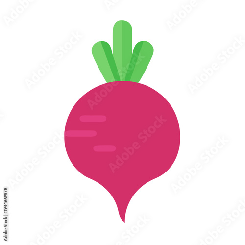 Flat graphic of a radish with green leaves against a black background
