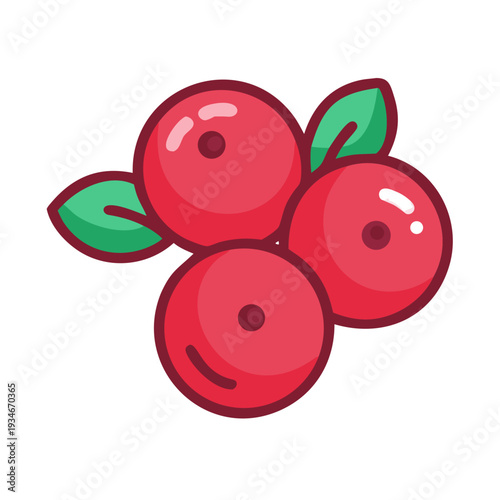 Stylized Bunch of Lingonberries with Green Leaves on a Black Background