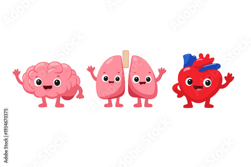 Cartoon characters representing brain lungs and heart waving in a