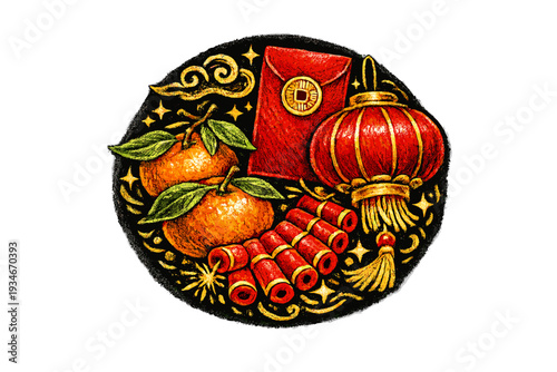 Chinese New Year decoration with oranges red lantern and lucky money