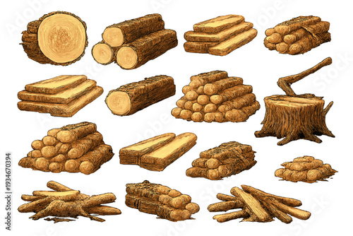 Various types of logs and timber arranged in different forms on a
