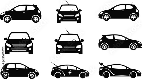 Electric vehicle and hatchback silhouettes set, eco friendly car icons collection, green transport vector graphics, isolated black auto mobile figures.