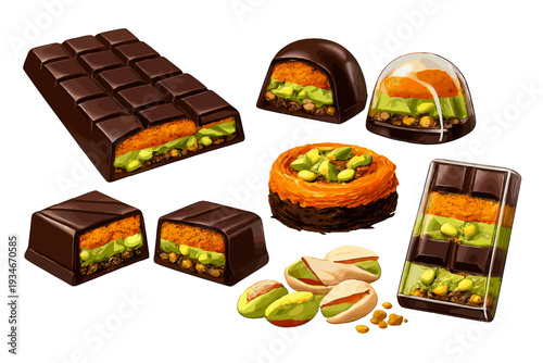 Treats made with chocolate nuts and different layers served on a white