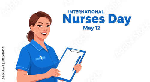 Cheerful Nurse Celebrating International Nurses Day on May 12th with Clipboard