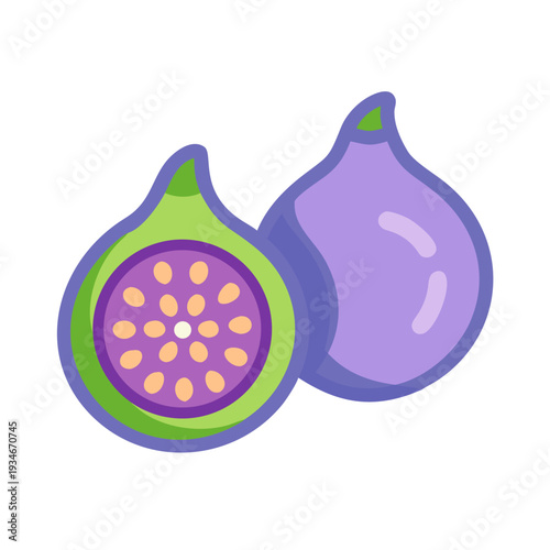 Stylized figs illustration featuring one whole fig and one halved on black background