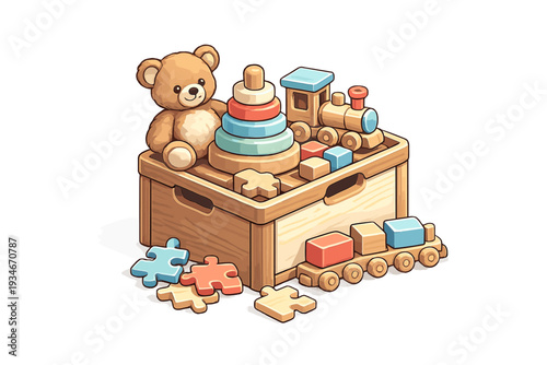 Toy box filled with wooden toys and teddy bear on a white surface