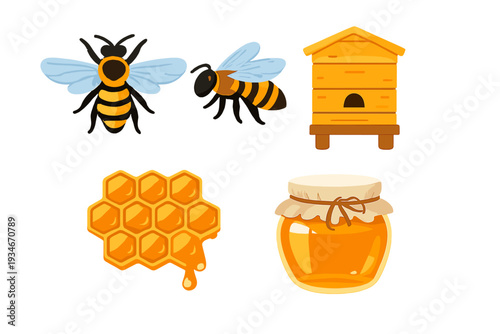 Bees making honey and beehive with honeycomb and jar in a simple