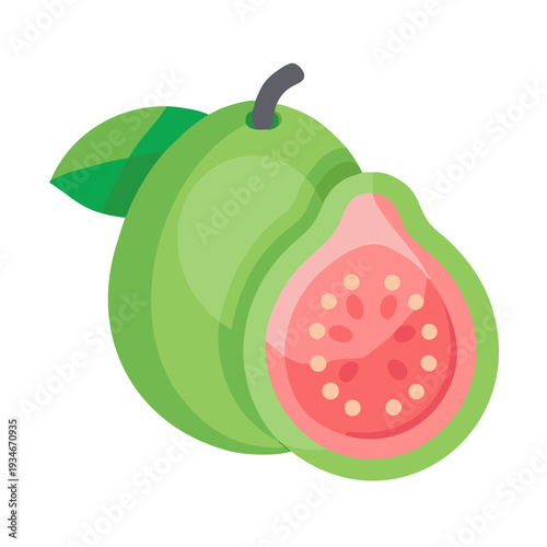 Flat illustration of a whole guava and a half guava with leaf