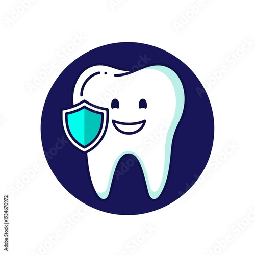 Cheerful Tooth Icon Shielding with a Teal Defense Symbol, Promoting Oral Hygiene