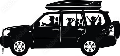 Family travel by car silhouette, happy kids in SUV with roof box, summer road trip adventure, isolated black vector transport.