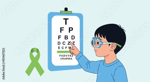 Child Undergoing Eye Exam with Snellen Chart for Vision Healthcare Illustration