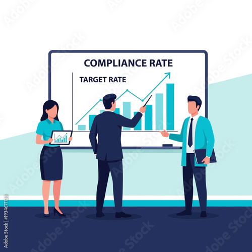 Business Professionals Presenting Compliance Data and Target Rates on a Whiteboard for Analysis