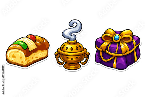 Decorative items including a bun a golden incense burner and a gift