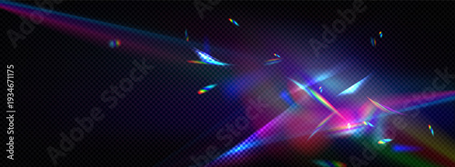 Realistic rainbow prismatic light effect on dark transparent background. Colored lens flare and light refraction effect.