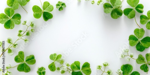 Fresh green clover leaves and small white flowers forming a natural frame on a clean white background.