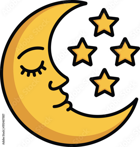A serene depiction of a crescent moon with closed eyes and twinkling stars around it Vector