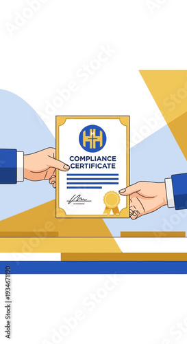 Businesspeople Exchanging Official Compliance Certificate Document for Successful Agreement and