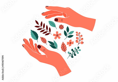 Hands Holding Flowers and Leaves Illustration.