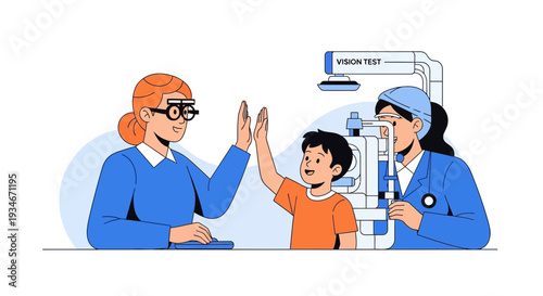 Child's Vision Exam: Optometrist Checking Eyesight And Giving A High-Five Celebration
