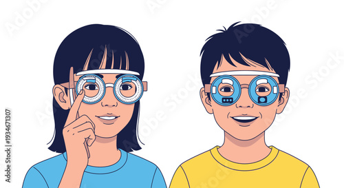 Children Undergoing Vision Tests in Colorful Illustration Representing Eye Care and Sight